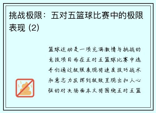 挑战极限：五对五篮球比赛中的极限表现 (2)